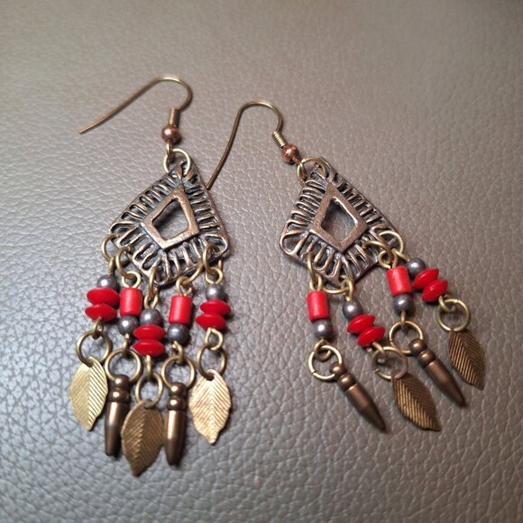 Bohemian Style Dangle Earrings Red Beads Bronze Leaf Charms Tribal - Picture 2 of 6